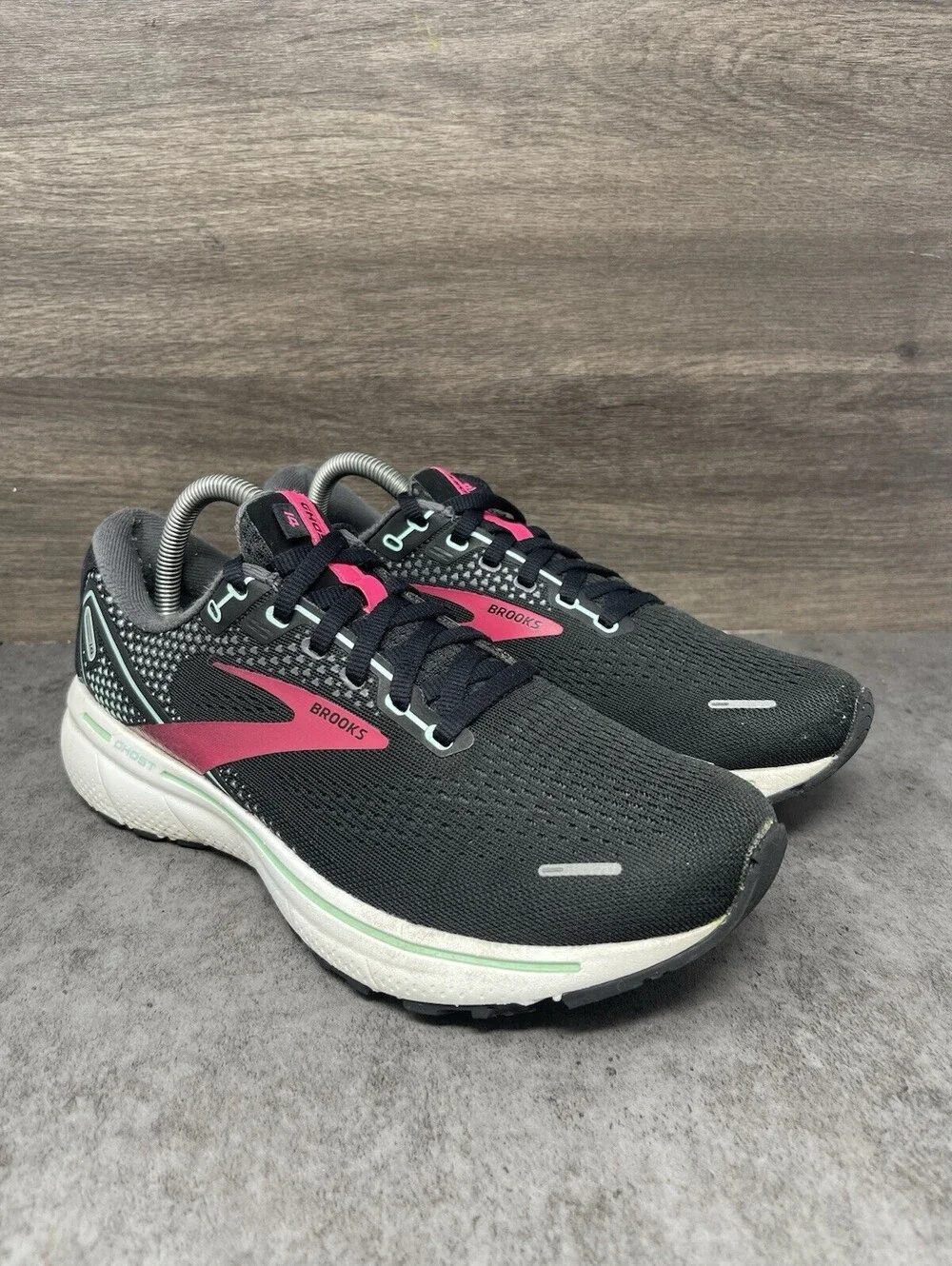 Brooks Ghost 14 Size 9.5 Womens Black Pink Mint DNA LOFT Road Running Shoes B